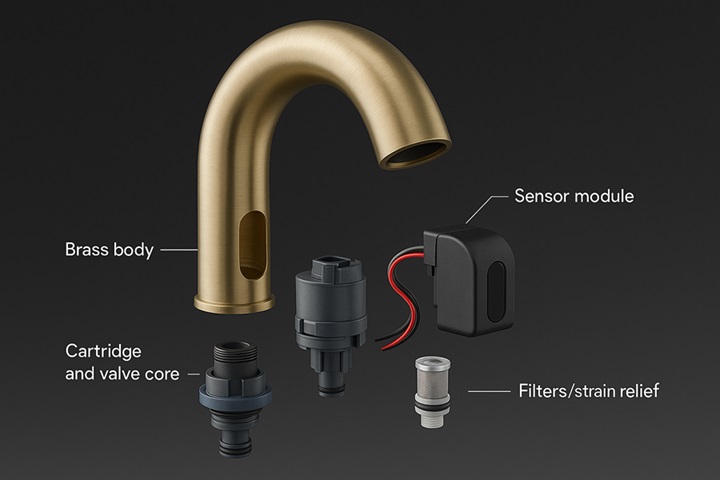 Exploded view of commercial faucet body and valve core